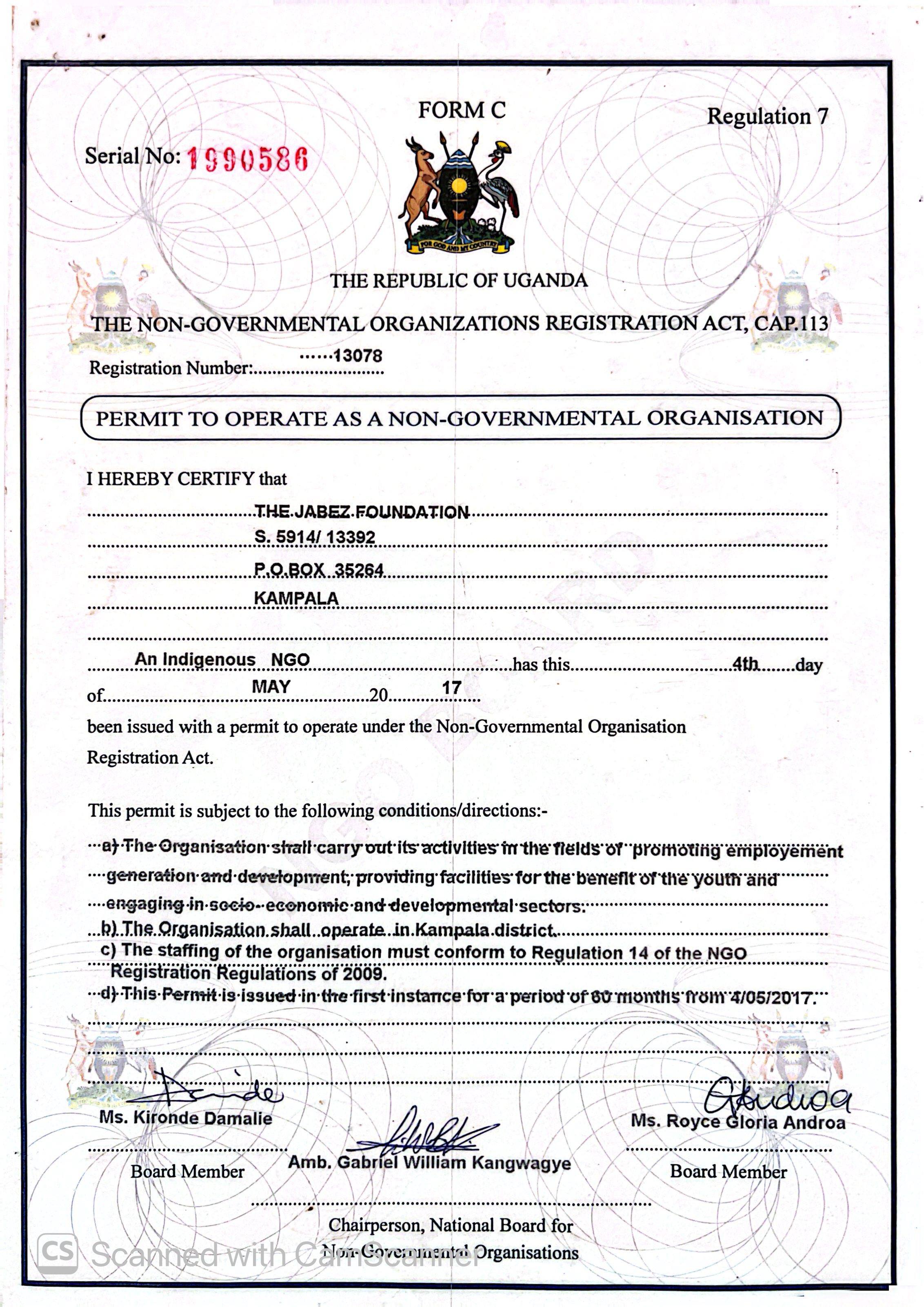 NGO certificate for The Jabez Foundation Uganda